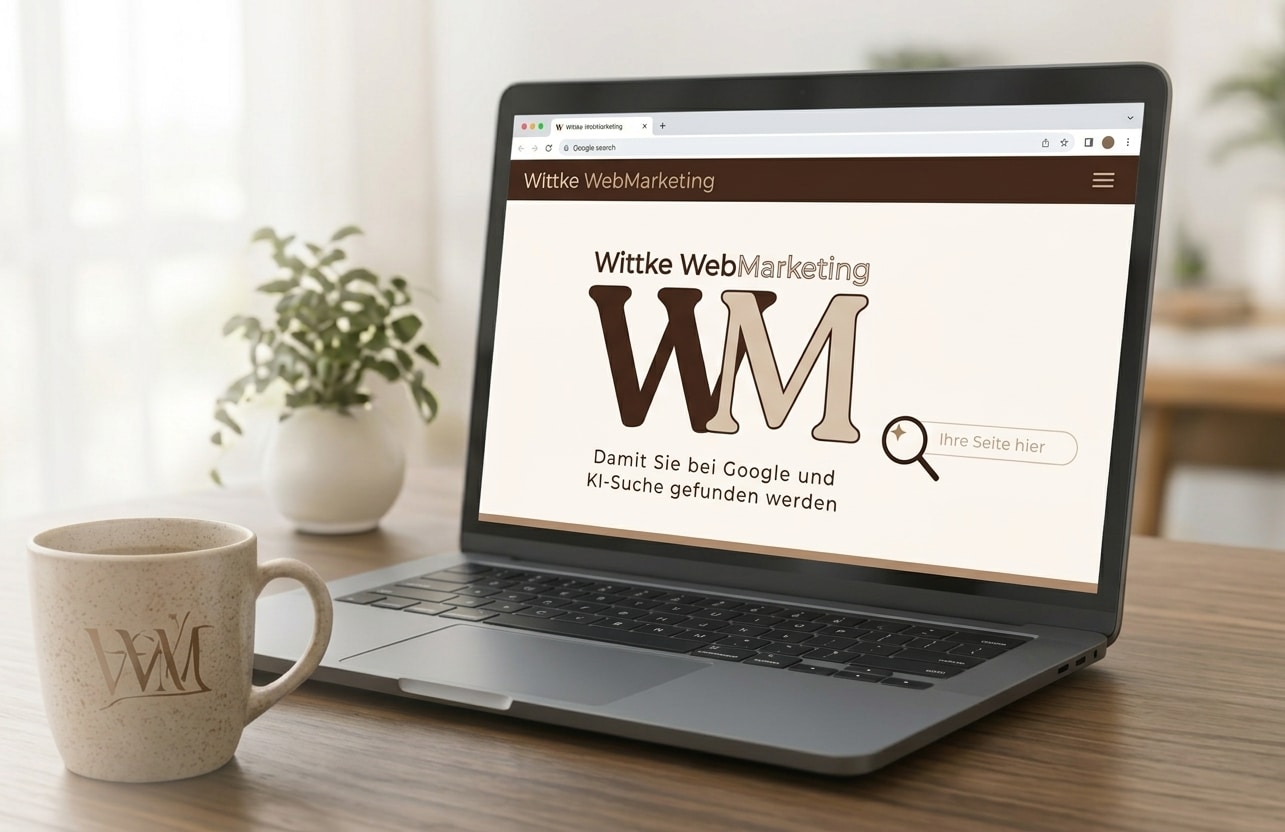 Laptop mit Wittke WebMarketing Startbildschirm auf einem Schreibtisch, daneben eine Kaffeetasse mit WM-Logo und eine Pflanze